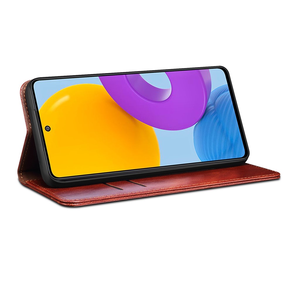Magnetic Auto-absorbed PU Leather Wallet Stand Waxy Crazy Horse Texture Phone Case Cover for Samsung Galaxy M52 5G - Brown-4