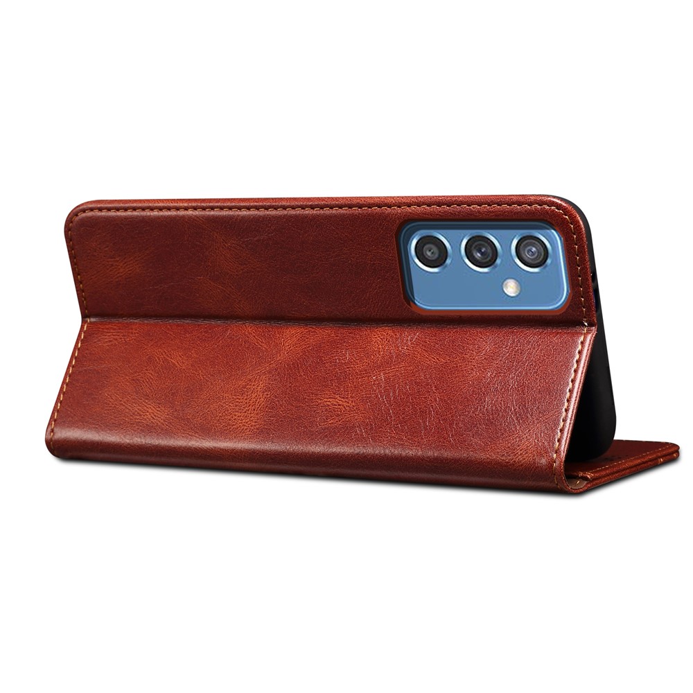 Magnetic Auto-absorbed PU Leather Wallet Stand Waxy Crazy Horse Texture Phone Case Cover for Samsung Galaxy M52 5G - Brown-5