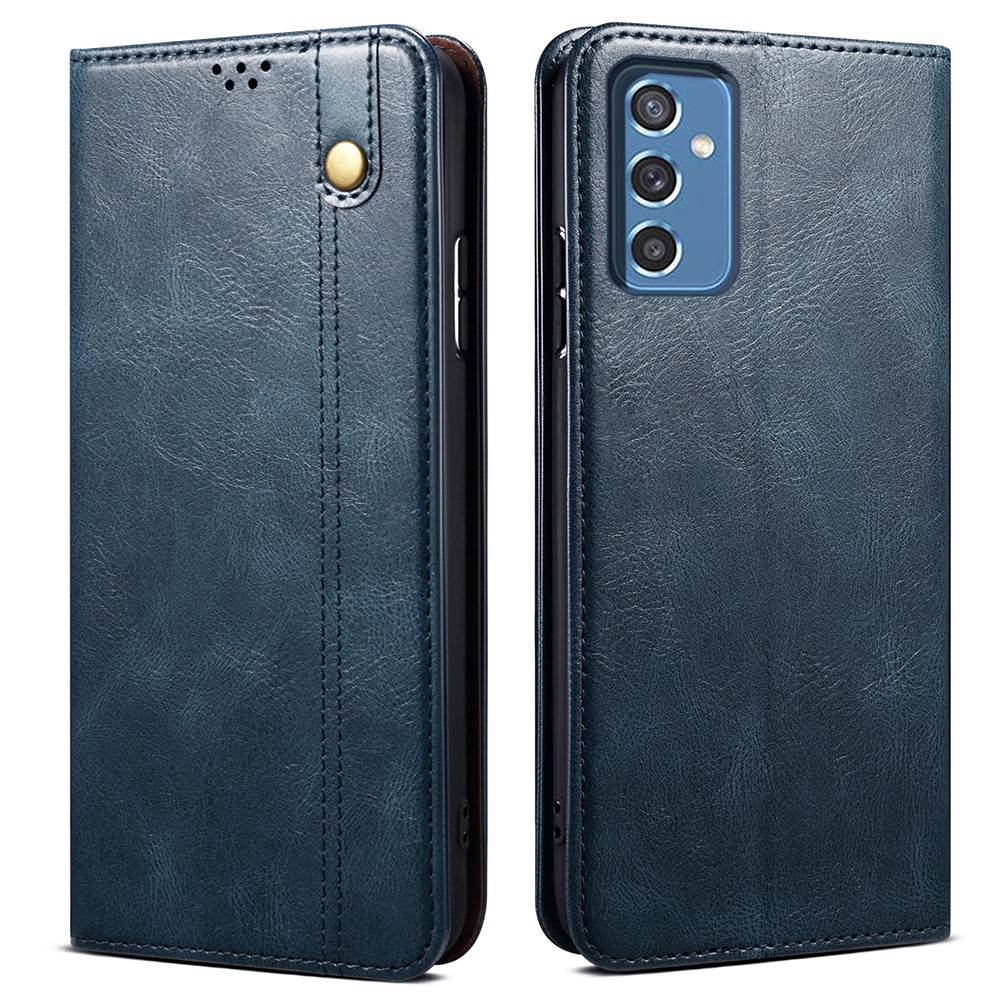 Magnetic Auto-absorbed PU Leather Wallet Stand Waxy Crazy Horse Texture Phone Case Cover for Samsung Galaxy M52 5G - Blue-1