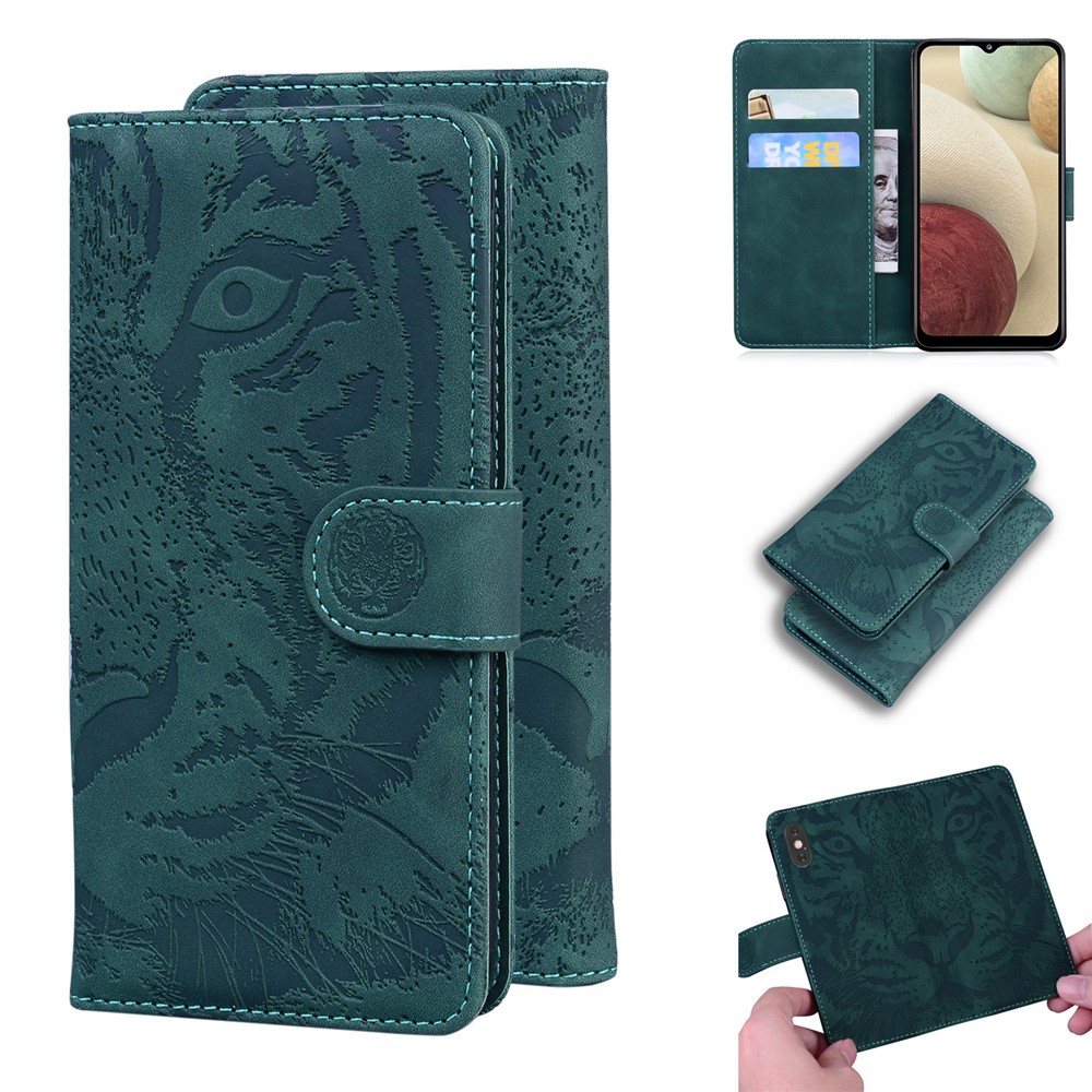 Big Tiger Imprint Pattern Shockproof PU Leather and TPU Phone Flip Case Wallet Stand Cover for Samsung Galaxy F22 - Green-7