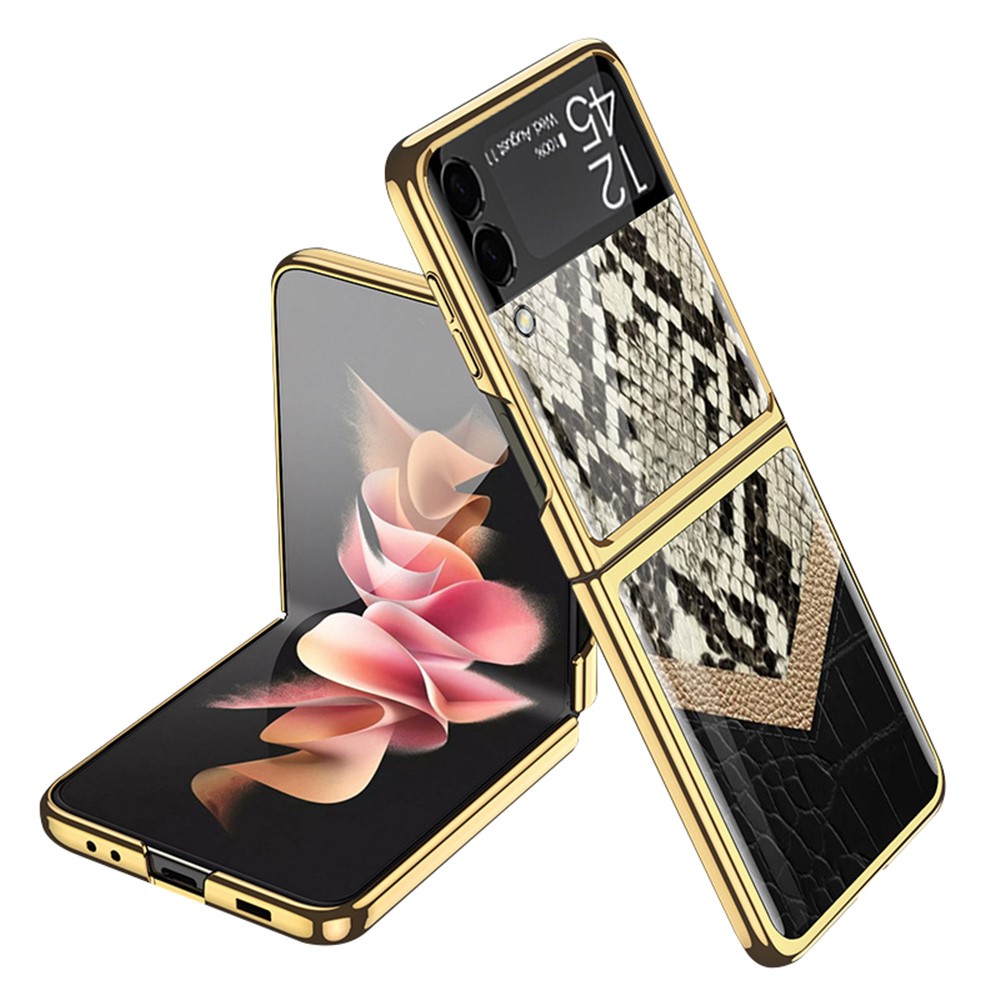 GKK Texture Color Splicing Pattern Printing PC + Tempered Glass Rear Screen Protector Phone Case Cover for Samsung Galaxy Z Flip3 5G - Style 5-1