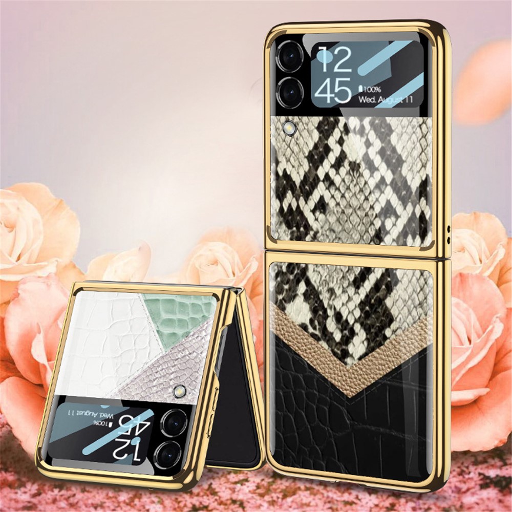 GKK Texture Color Splicing Pattern Printing PC + Tempered Glass Rear Screen Protector Phone Case Cover for Samsung Galaxy Z Flip3 5G - Style 5-3