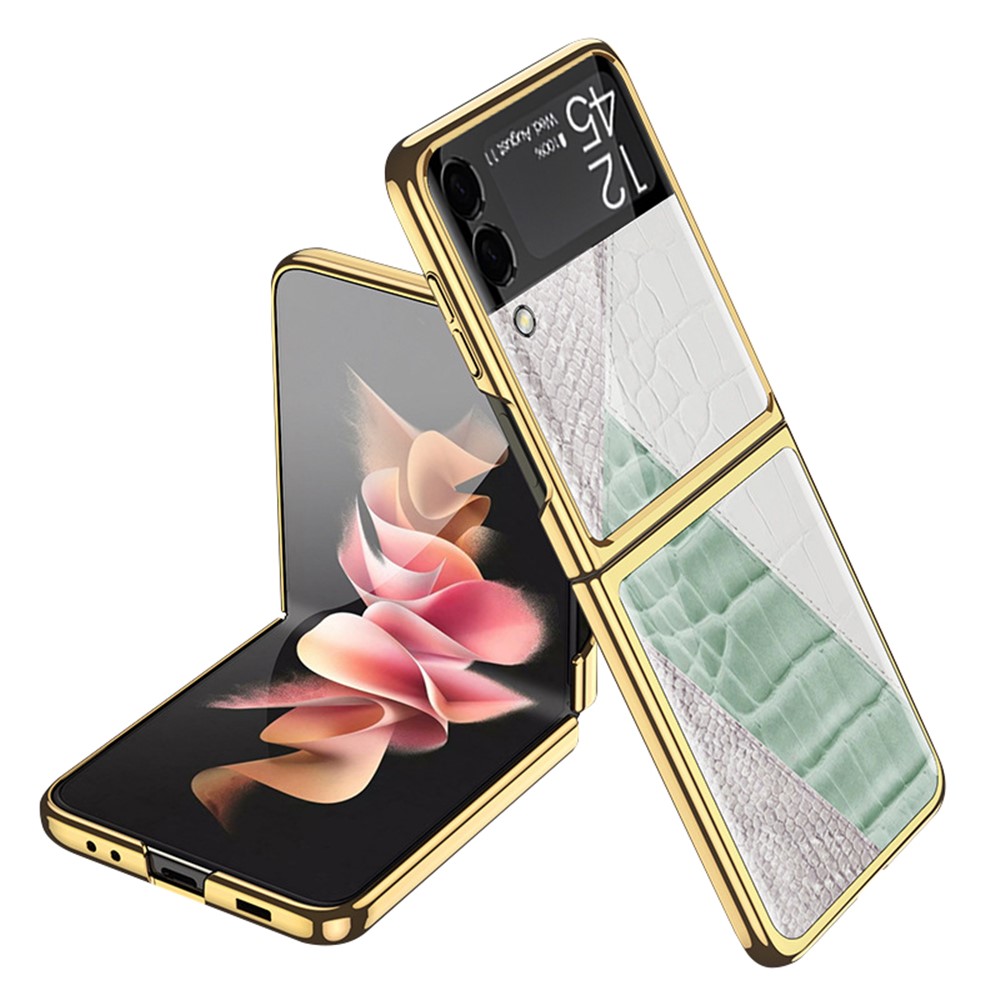 GKK Texture Color Splicing Pattern Printing PC + Tempered Glass Rear Screen Protector Phone Case Cover for Samsung Galaxy Z Flip3 5G - Style 2-1