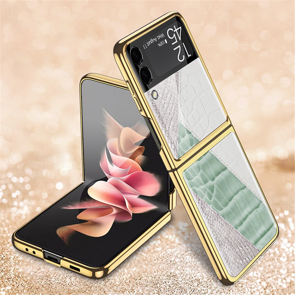 GKK Texture Color Splicing Pattern Printing PC + Tempered Glass Rear Screen Protector Phone Case Cover for Samsung Galaxy Z Flip3 5G - Style 2-2