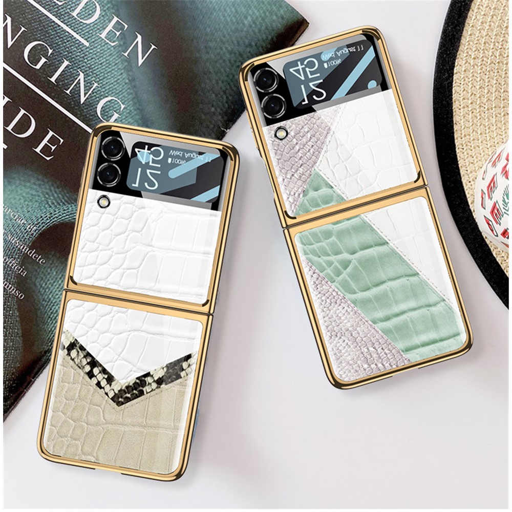 GKK Texture Color Splicing Pattern Printing PC + Tempered Glass Rear Screen Protector Phone Case Cover for Samsung Galaxy Z Flip3 5G - Style 2-3