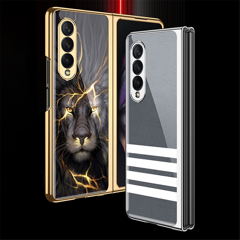 GKK Electroplating Block Series Pattern Printing Tempered Glass Back Hard PC Protective Phone Case for Samsung Galaxy Z Fold3 5G - Four Bars-3