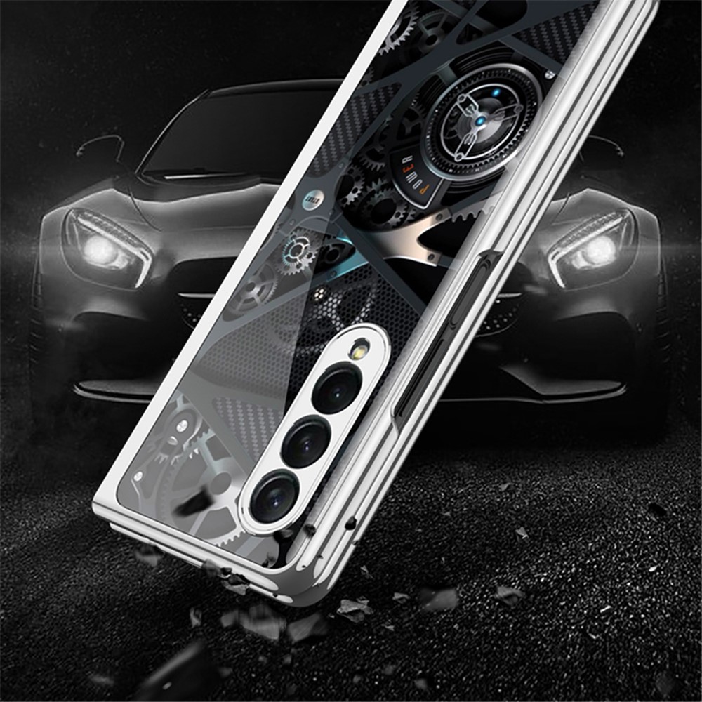 GKK Electroplating Block Series Pattern Printing Tempered Glass Back Hard PC Protective Phone Case for Samsung Galaxy Z Fold3 5G - Four Bars-7