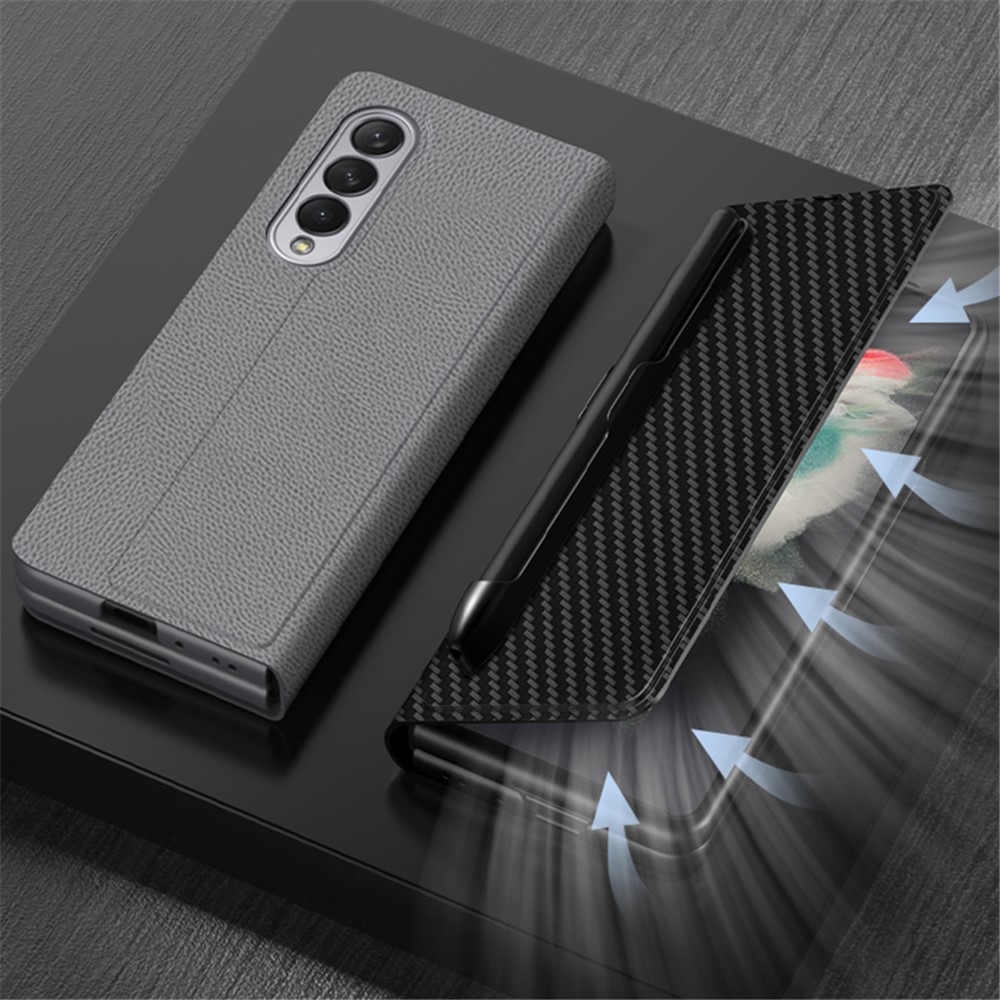 GKK Folio Flip Auto-absorbed Magnetic Closure Pen Slot Design Anti-Drop PU Leather + PC Phone Case for Samsung Galaxy Z Fold3 5G - Carbon-6