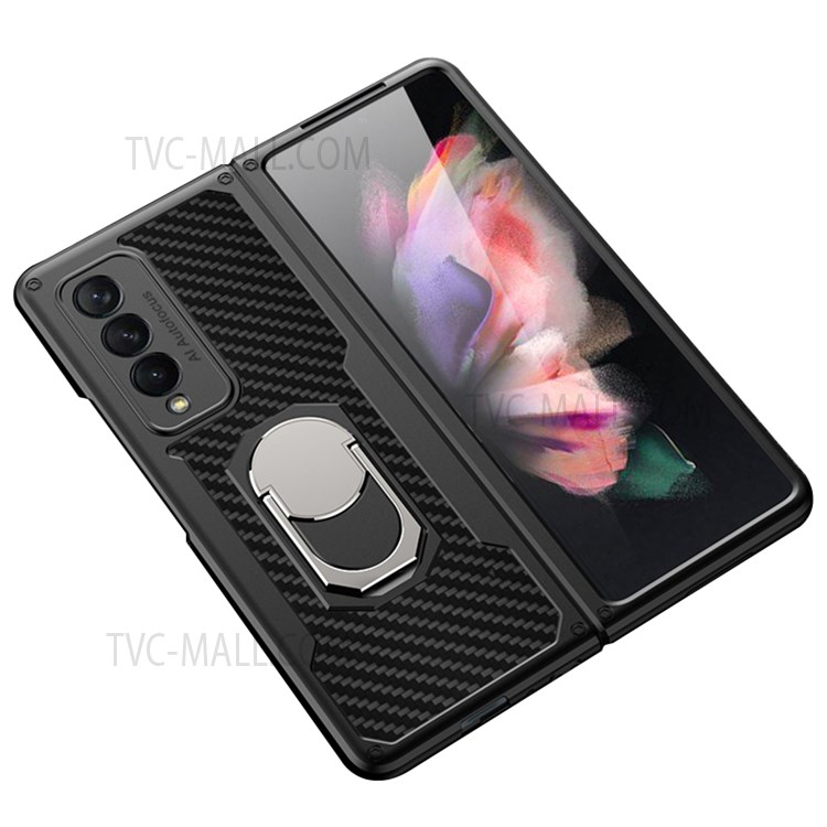 GKK Armour Series Pattern Printing Back Hard PC Protective Phone Case with Ring Holder Kickstand for Samsung Galaxy Z Fold3 5G - Carbon Fiber-1