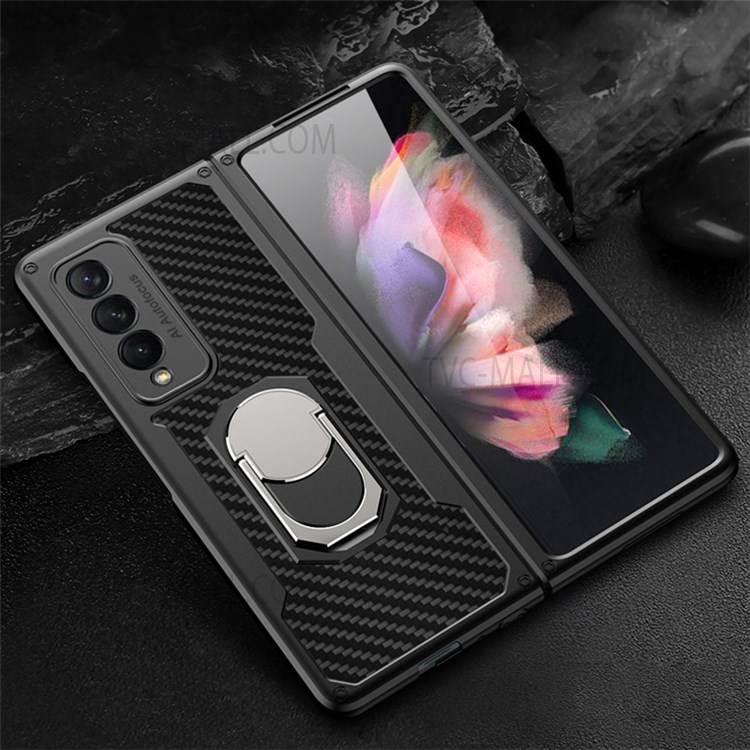 GKK Armour Series Pattern Printing Back Hard PC Protective Phone Case with Ring Holder Kickstand for Samsung Galaxy Z Fold3 5G - Carbon Fiber-2