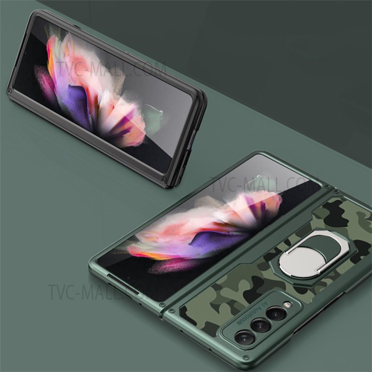 GKK Armour Series Pattern Printing Back Hard PC Protective Phone Case with Ring Holder Kickstand for Samsung Galaxy Z Fold3 5G - Carbon Fiber-3