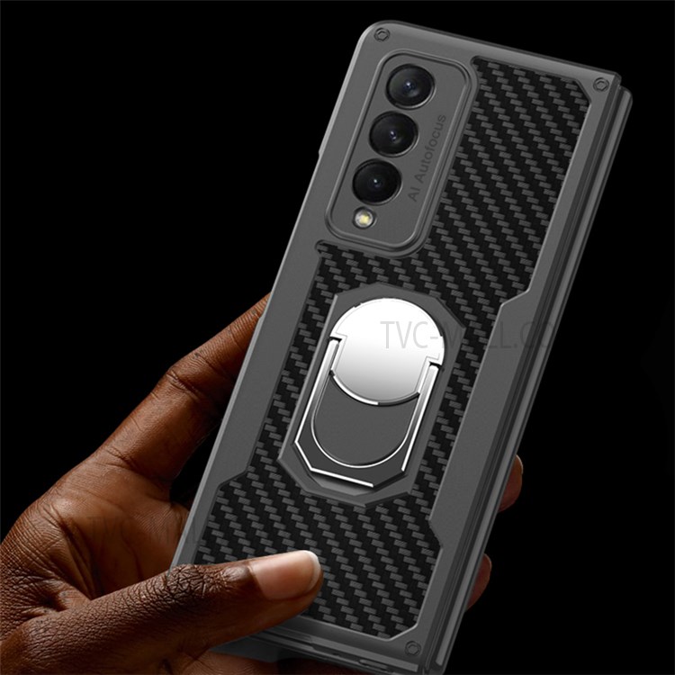 GKK Armour Series Pattern Printing Back Hard PC Protective Phone Case with Ring Holder Kickstand for Samsung Galaxy Z Fold3 5G - Carbon Fiber-4