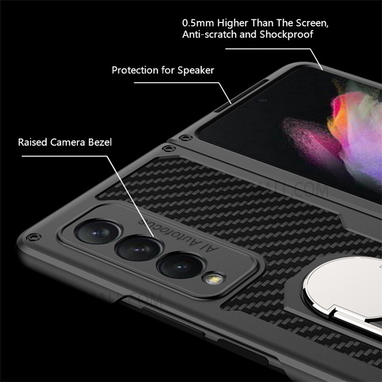 GKK Armour Series Pattern Printing Back Hard PC Protective Phone Case with Ring Holder Kickstand for Samsung Galaxy Z Fold3 5G - Carbon Fiber-6