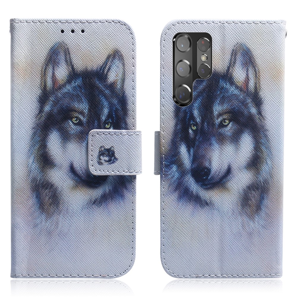 Shockproof Pattern Printing Stand Flip Magnetic Closure Protection PU Leather Wallet Case Cover for Samsung Galaxy S22 Ultra - Wolf-1