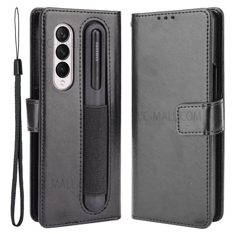 Crazy Horse Texture Pen Slot Design PU Leather Stand Magnetic Clasp Phone Cover with Strap for Samsung Galaxy Z Fold3 5G - Black-1