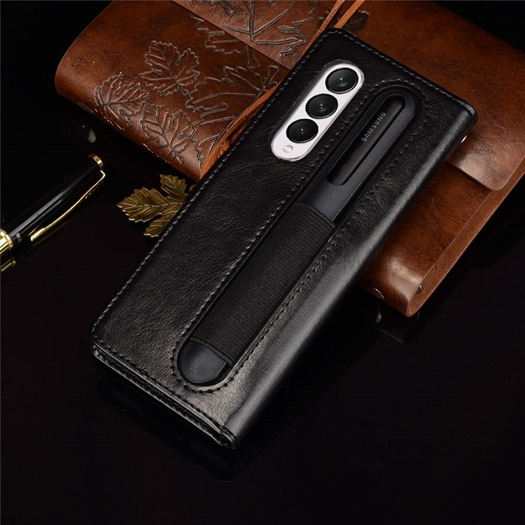 Crazy Horse Texture Pen Slot Design PU Leather Stand Magnetic Clasp Phone Cover with Strap for Samsung Galaxy Z Fold3 5G - Black-6