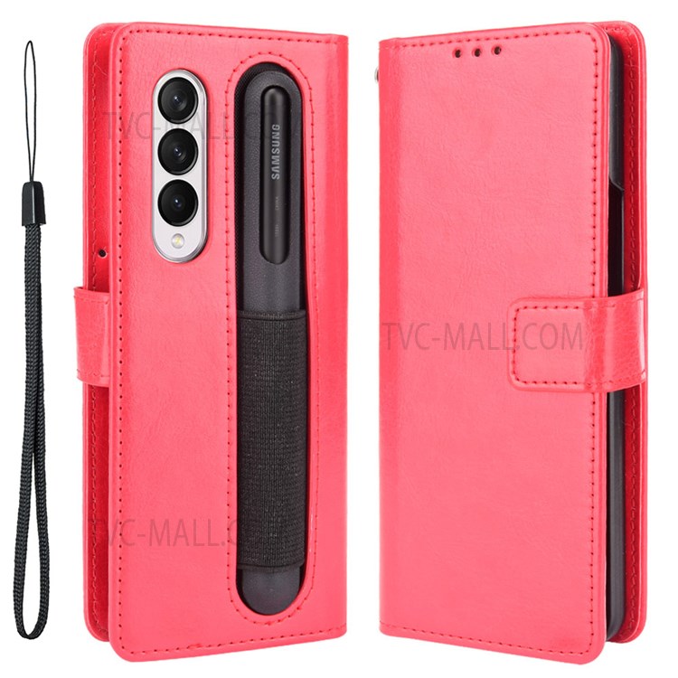 Crazy Horse Texture Pen Slot Design PU Leather Stand Magnetic Clasp Phone Cover with Strap for Samsung Galaxy Z Fold3 5G - Red-1