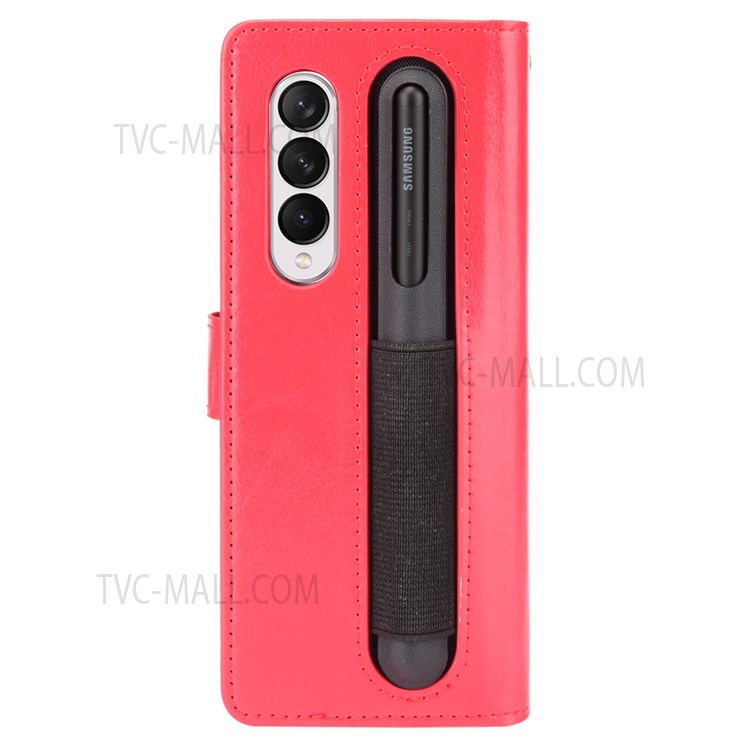 Crazy Horse Texture Pen Slot Design PU Leather Stand Magnetic Clasp Phone Cover with Strap for Samsung Galaxy Z Fold3 5G - Red-3