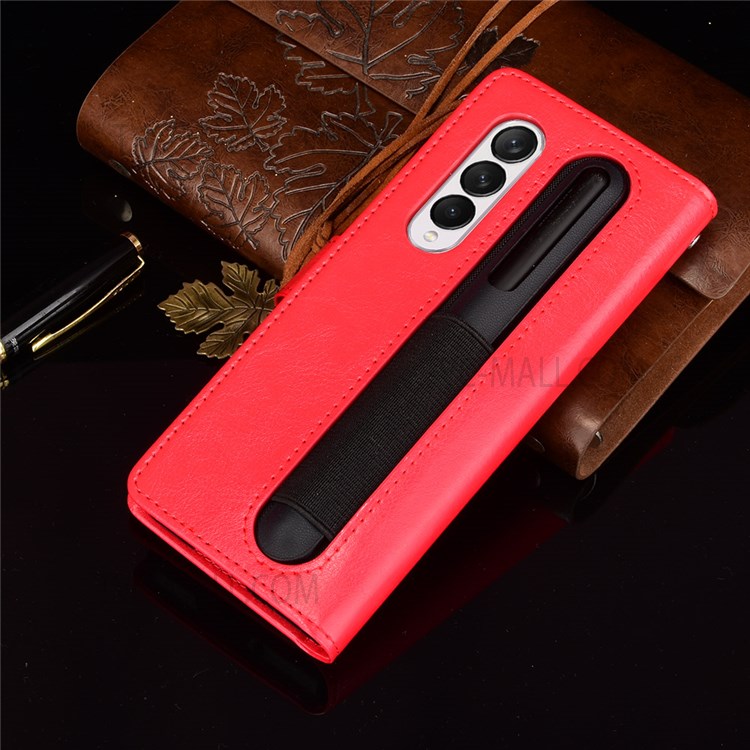 Crazy Horse Texture Pen Slot Design PU Leather Stand Magnetic Clasp Phone Cover with Strap for Samsung Galaxy Z Fold3 5G - Red-6