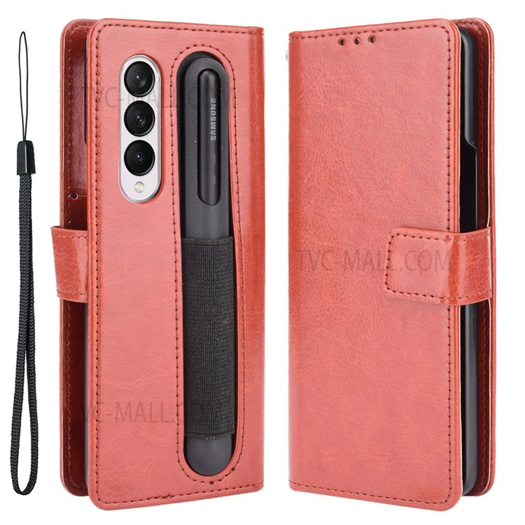 Crazy Horse Texture Pen Slot Design PU Leather Stand Magnetic Clasp Phone Cover with Strap for Samsung Galaxy Z Fold3 5G - Brown-1