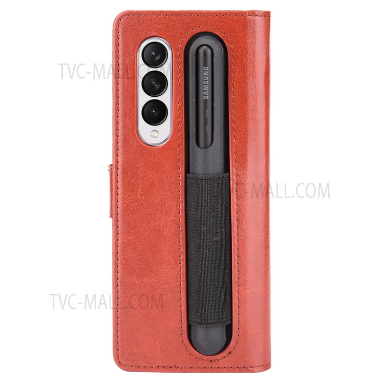 Crazy Horse Texture Pen Slot Design PU Leather Stand Magnetic Clasp Phone Cover with Strap for Samsung Galaxy Z Fold3 5G - Brown-3