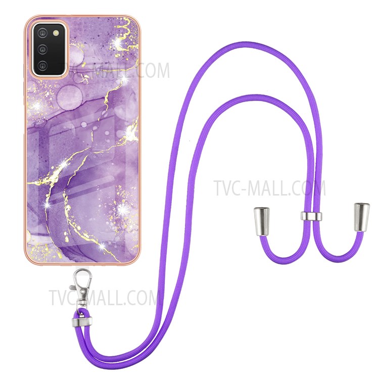 Electroplating Frame Flexible TPU Phone Cover Case with IML IMD Marble Pattern and Adjustable Lanyard for Samsung Galaxy A03s (166.5 x 75.98 x 9.14mm) - Purple 002-1