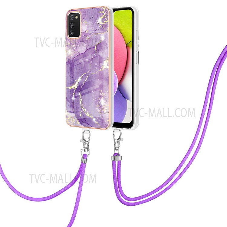 Electroplating Frame Flexible TPU Phone Cover Case with IML IMD Marble Pattern and Adjustable Lanyard for Samsung Galaxy A03s (166.5 x 75.98 x 9.14mm) - Purple 002-2