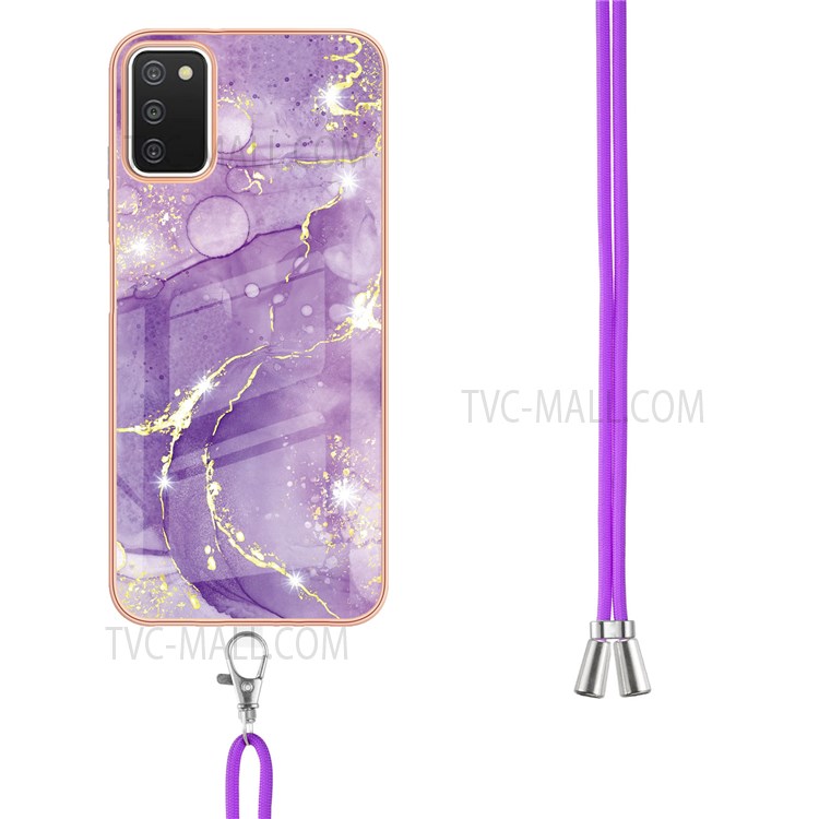Electroplating Frame Flexible TPU Phone Cover Case with IML IMD Marble Pattern and Adjustable Lanyard for Samsung Galaxy A03s (166.5 x 75.98 x 9.14mm) - Purple 002-3