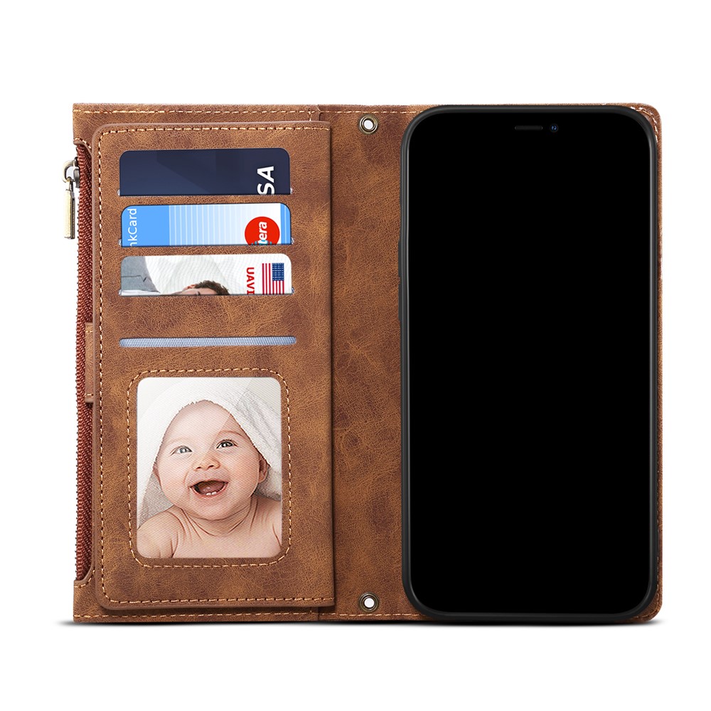 Wallet Design Well-Protected Anti-Drop Zippered Pocket Strap Card Slots Case Phone Case with Stand for Motorola Moto G50 5G - Brown-4