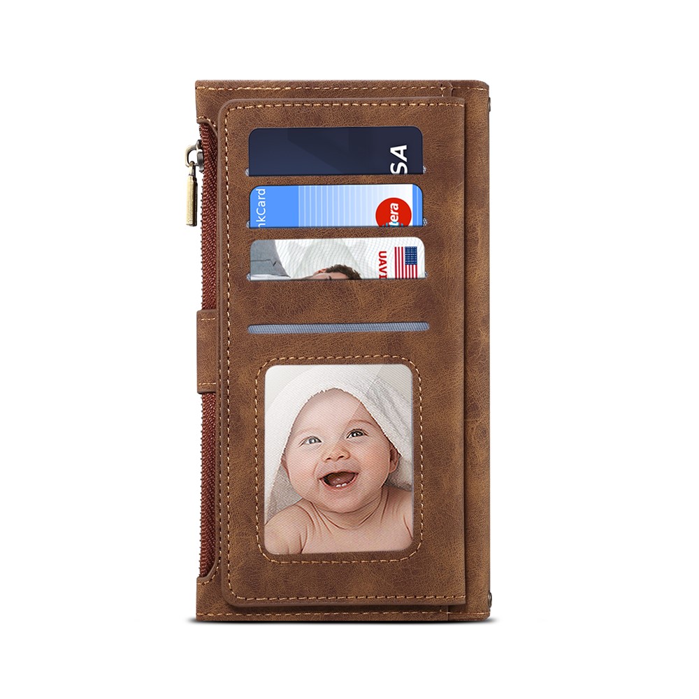 Wallet Design Well-Protected Anti-Drop Zippered Pocket Strap Card Slots Case Phone Case with Stand for Motorola Moto G50 5G - Brown-8