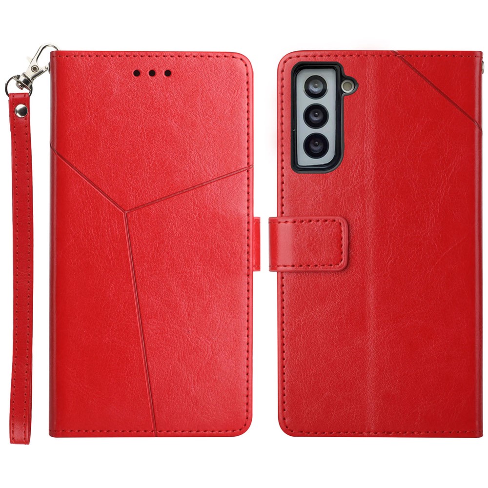 Adjustable Stand Imprinting Y-shaped Line Wallet Design Leather Phone Cover Shell for Samsung Galaxy S21 5G - Red-1