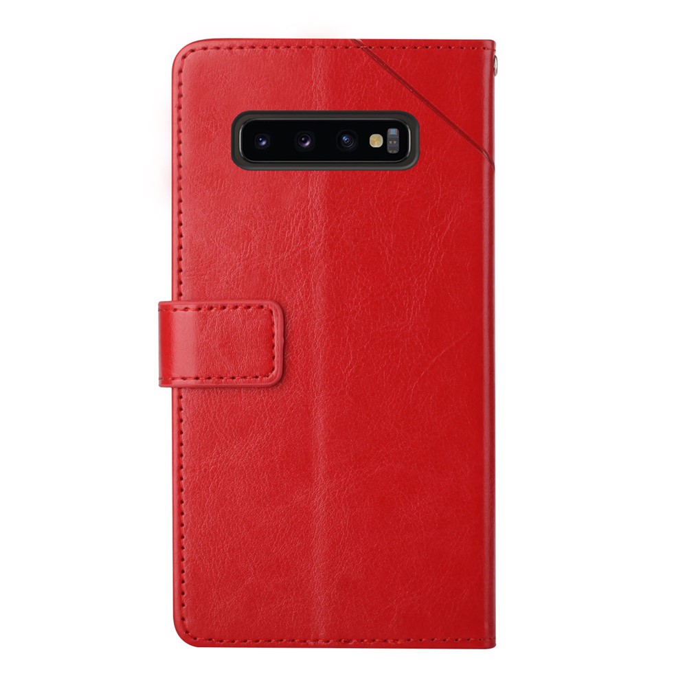 Imprinted Y-shaped Line Stand Wallet PU Leather Cover Inner TPU Phone Case with Wrist Strap for Samsung Galaxy S10 Plus - Red-10