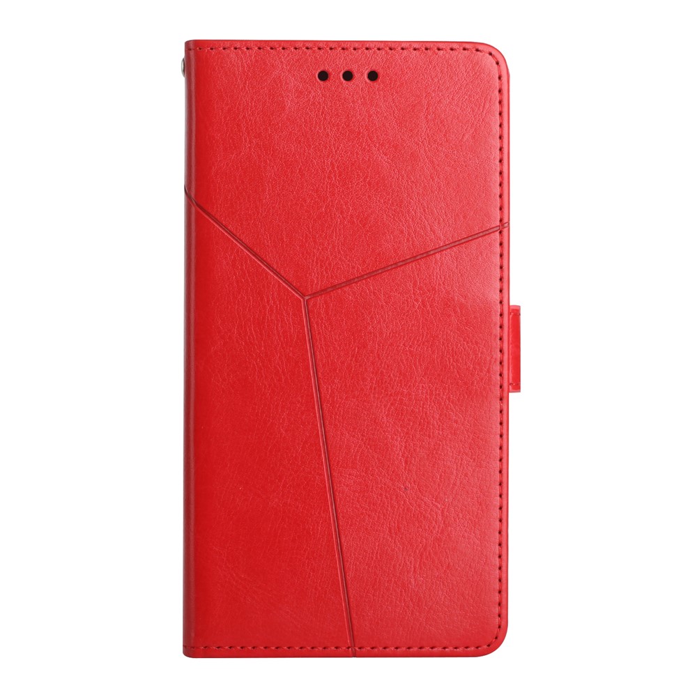 Imprinted Y-shaped Line Stand Wallet PU Leather Cover Inner TPU Phone Case with Wrist Strap for Samsung Galaxy S10 Plus - Red-9