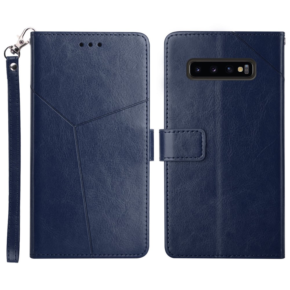 Imprinted Y-shaped Line Stand Wallet PU Leather Cover Inner TPU Phone Case with Wrist Strap for Samsung Galaxy S10 Plus - Blue-1