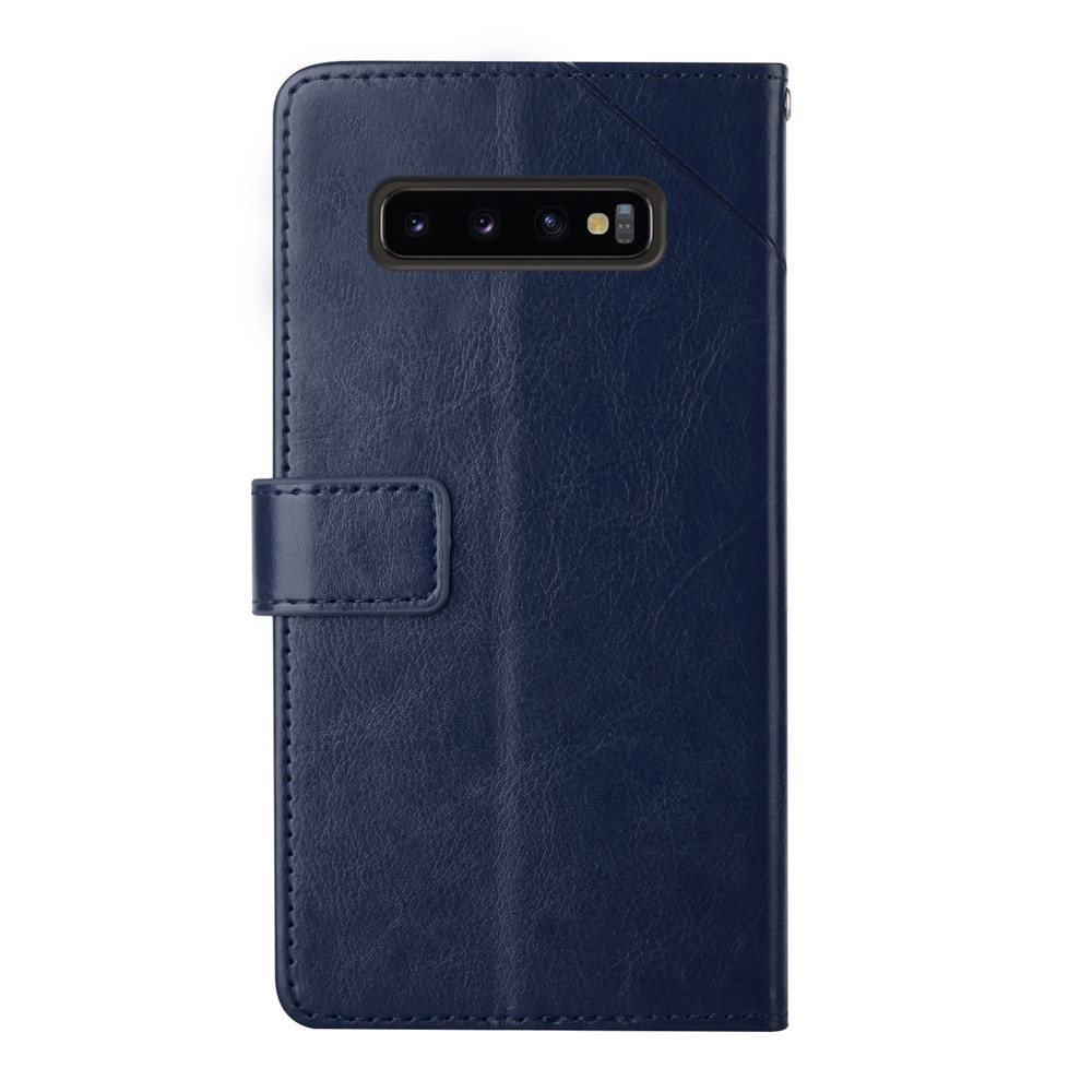 Imprinted Y-shaped Line Stand Wallet PU Leather Cover Inner TPU Phone Case with Wrist Strap for Samsung Galaxy S10 Plus - Blue-10
