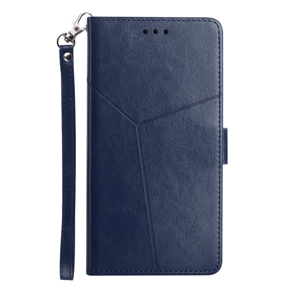 Imprinted Y-shaped Line Stand Wallet PU Leather Cover Inner TPU Phone Case with Wrist Strap for Samsung Galaxy S10 Plus - Blue-8
