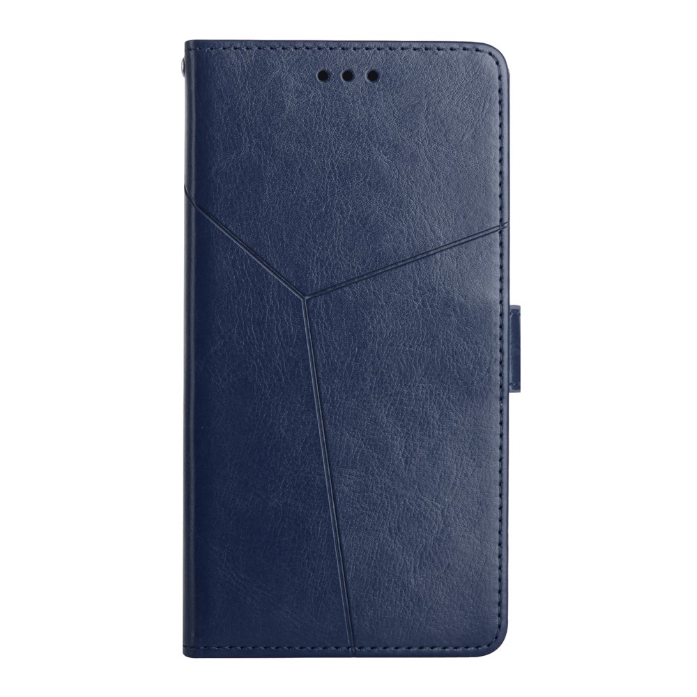 Imprinted Y-shaped Line Stand Wallet PU Leather Cover Inner TPU Phone Case with Wrist Strap for Samsung Galaxy S10 Plus - Blue-9