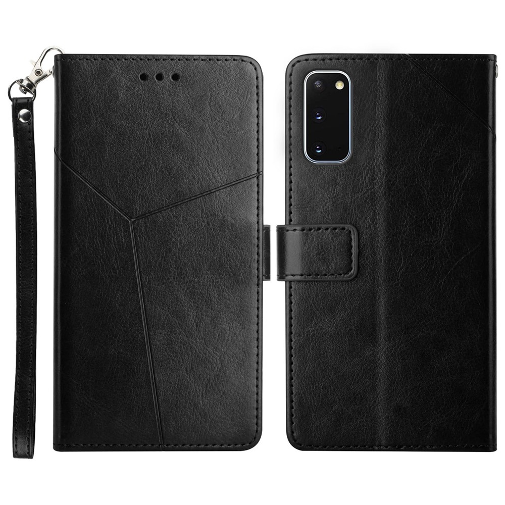 Imprinting Y-shaped Line Shockproof PU Leather Wallet Phone Case Cover with Lanyard for Samsung Galaxy S20 - Black-1