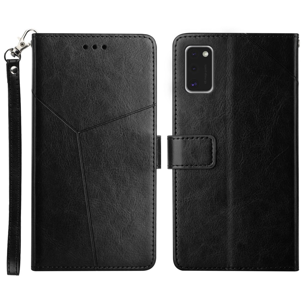 PU Leather Wallet Stand Magnetic Clasp Phone Cover Case with Imprinted Y-shaped Line for Samsung Galaxy A41 (Global Version) - Black-1