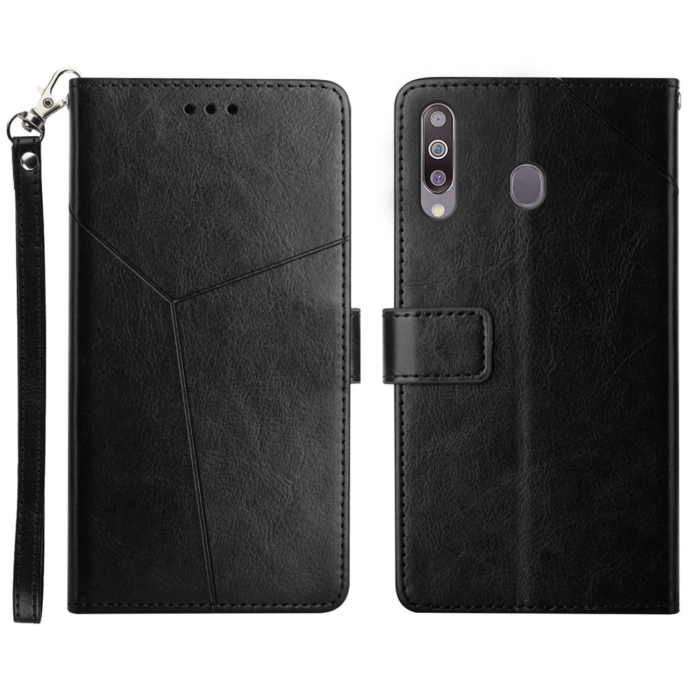 Folio Flip Imprinting Y-shaped Line Leather Phone Protective Case Wallet Stand Cover for Samsung Galaxy A20s - Black-1