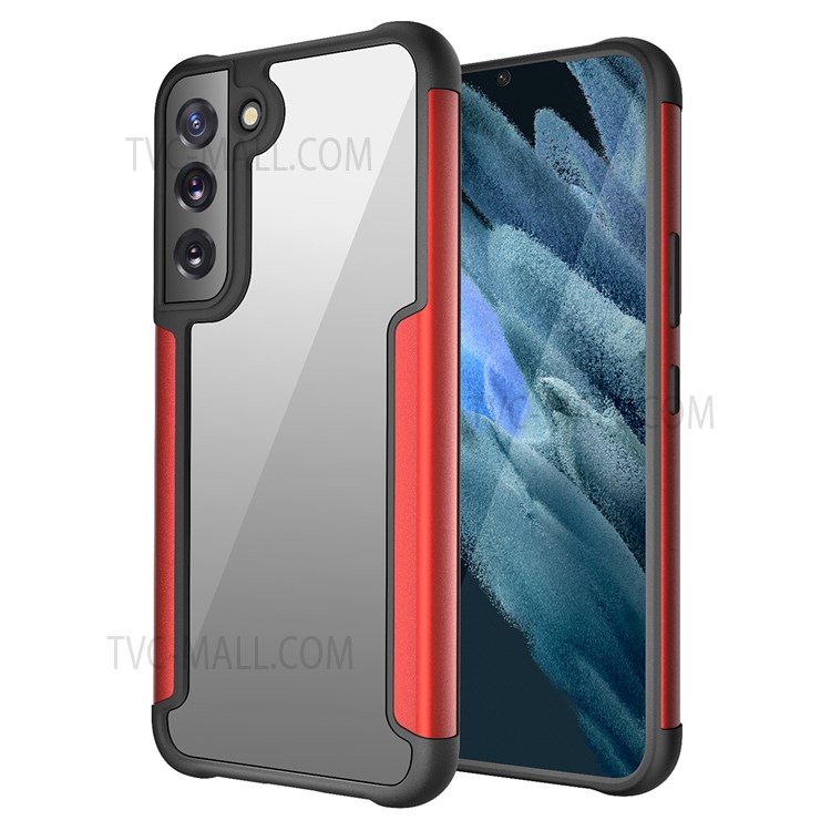 TPU + Metal Edging Combo Plastic Clear Back Panel Anti-Collision Phone Hybrid Back Cover for Samsung Galaxy S22 - Red-1