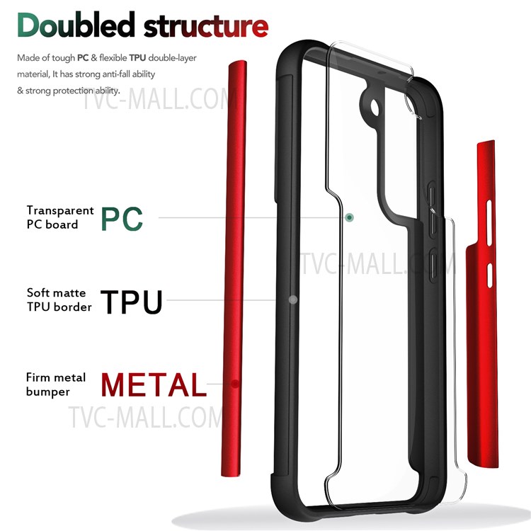 TPU + Metal Edging Combo Plastic Clear Back Panel Anti-Collision Phone Hybrid Back Cover for Samsung Galaxy S22 - Red-2
