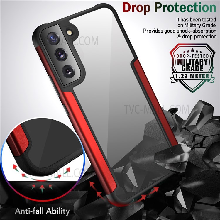 TPU + Metal Edging Combo Plastic Clear Back Panel Anti-Collision Phone Hybrid Back Cover for Samsung Galaxy S22 - Red-3