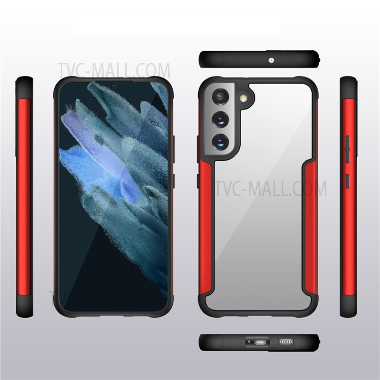 TPU + Metal Edging Combo Plastic Clear Back Panel Anti-Collision Phone Hybrid Back Cover for Samsung Galaxy S22 - Red-5