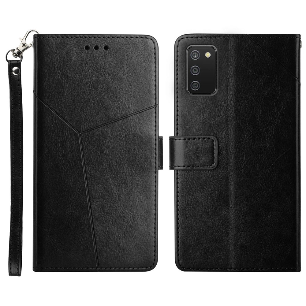 Stand Wallet Design Imprinting Y-shaped Line Leather Phone Case Cover for Samsung Galaxy A02s (164.2x75.9x9.1mm) - Black-1