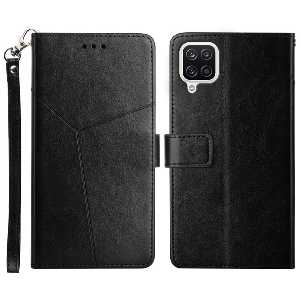 All-round Protection Imprinting Y-shaped Line Leather Phone Case Cover with Stand Wallet for Samsung Galaxy A12 - Black-1