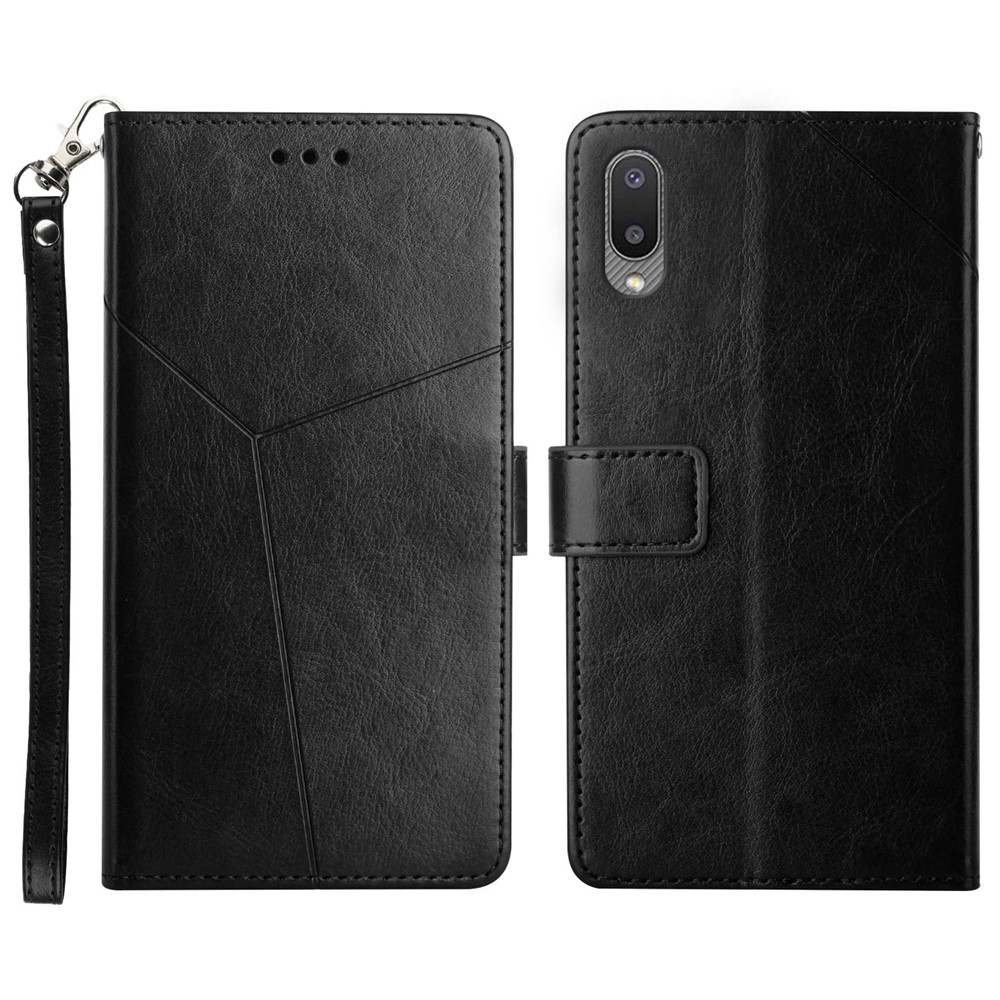 Imprinting Y-shaped Line Wallet PU Leather Protective Phone Case Stand Cover with Strap for Samsung Galaxy A02 (EU Version) - Black-1