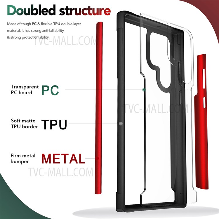 Anti-Slip Metal Sided + TPU + Plastic Combo Drop Resistant Hybrid Back Cover for Samsung Galaxy S22 Ultra - Red-4