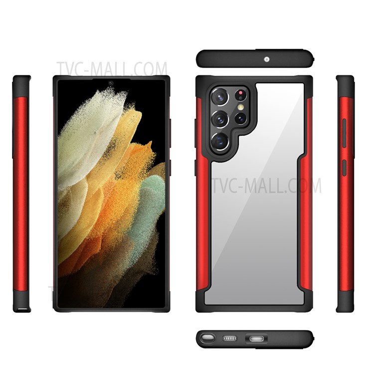 Anti-Slip Metal Sided + TPU + Plastic Combo Drop Resistant Hybrid Back Cover for Samsung Galaxy S22 Ultra - Red-6