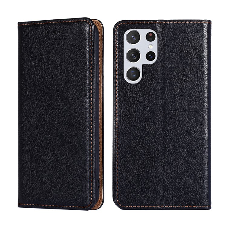 Wallet Design Solid Color Supporting Stand Auto-absorbed Leather Phone Case Shell for Samsung Galaxy S22 Ultra - Black-1
